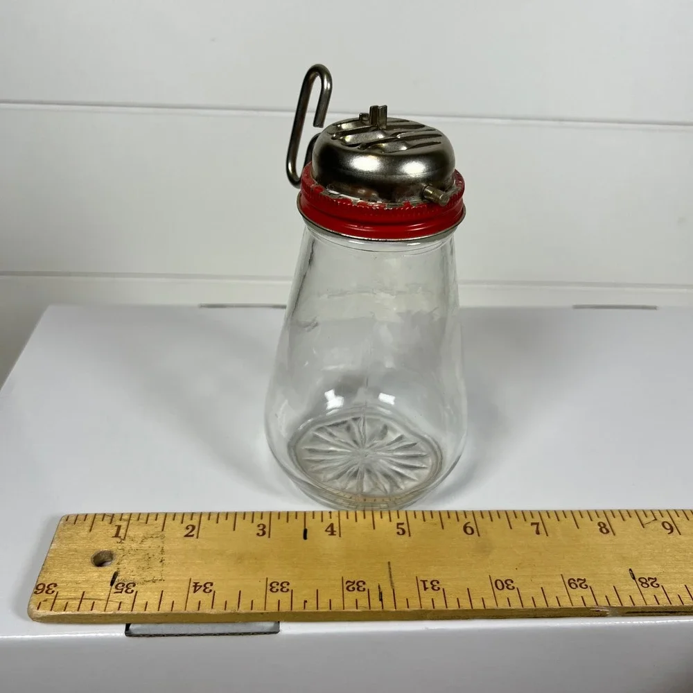 Vintage Glass Powdered Sugar Shaker Red Metal Lid Mechanical Sifter Retro